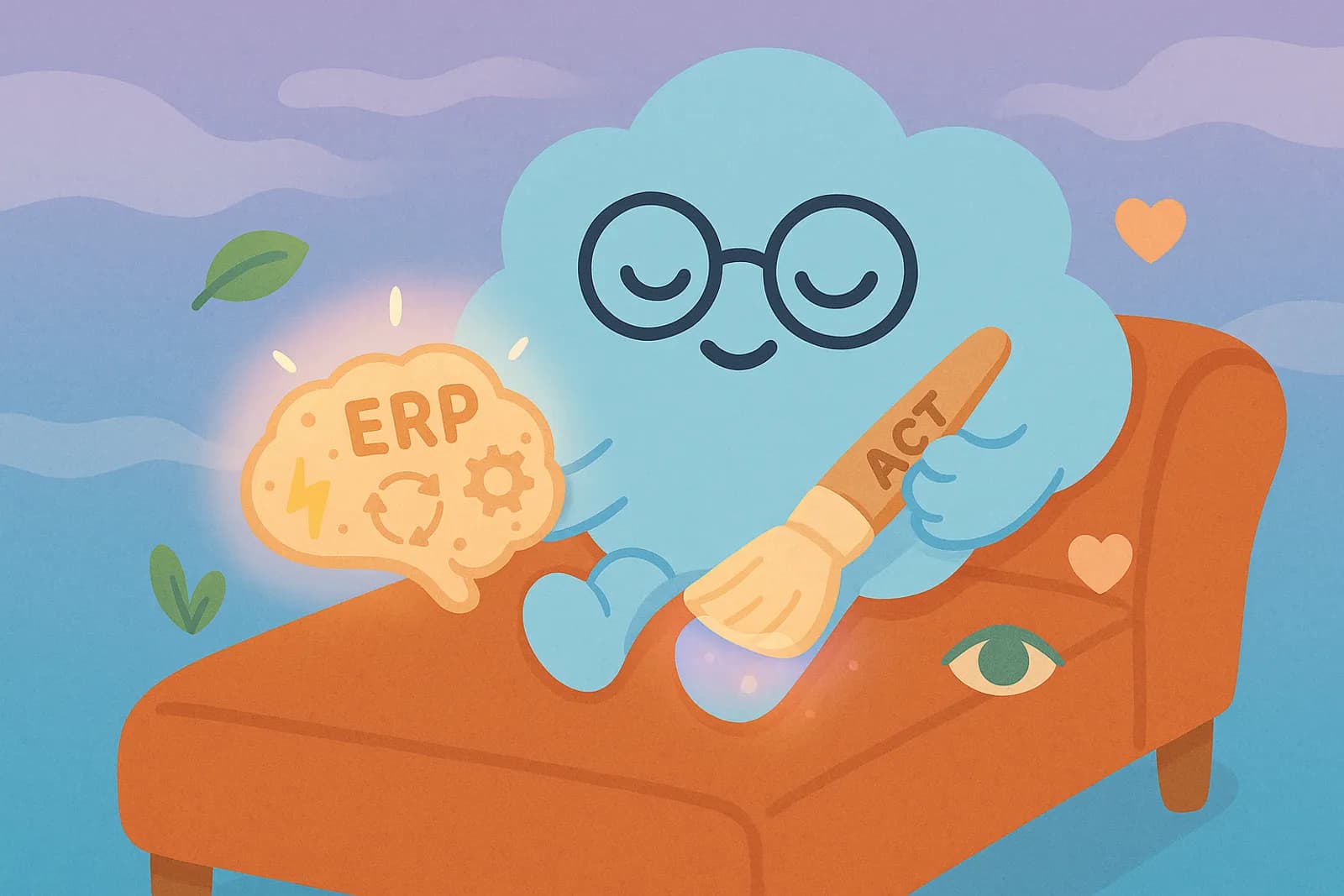 Choice, our OCD cloud mascot is floating peacefully on a cozy therapy couch with one hand gently holding a brain-shaped sponge labeled “ERP”, and the other hand holding a soft paintbrush labeled “ACT” — as if gently “painting mindfulness” over the sponge.