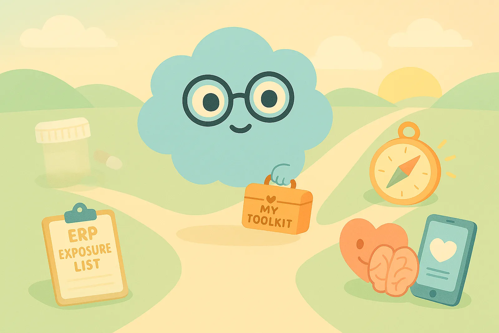 Choice, our OCD cloud mascot, is standing on a soft, curved path that splits into three subtle trails—each leading toward different symbols of treatment tools while holding a small toolbox labeled “My Toolkit”.