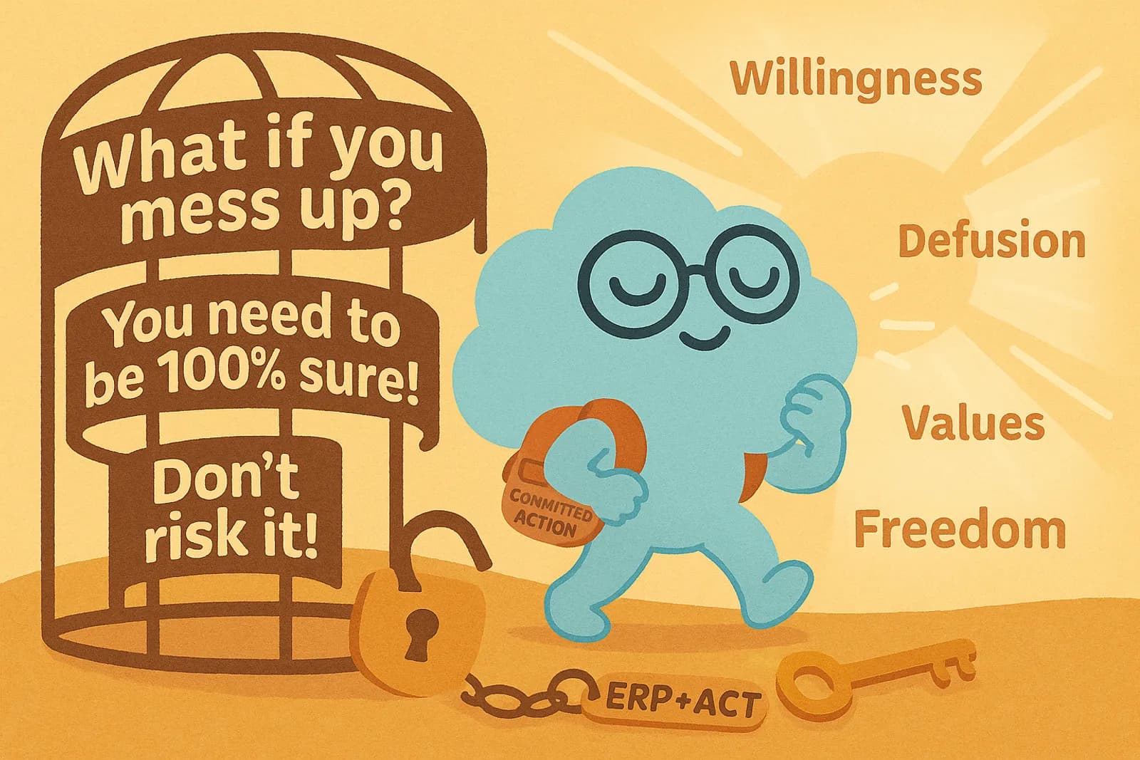 Choice, our cloud mascot, is breaking out of an OCD-themed cage where the lock has been broken open with a key labeled “ERP + ACT” and Choice is stepping out into an open sky.