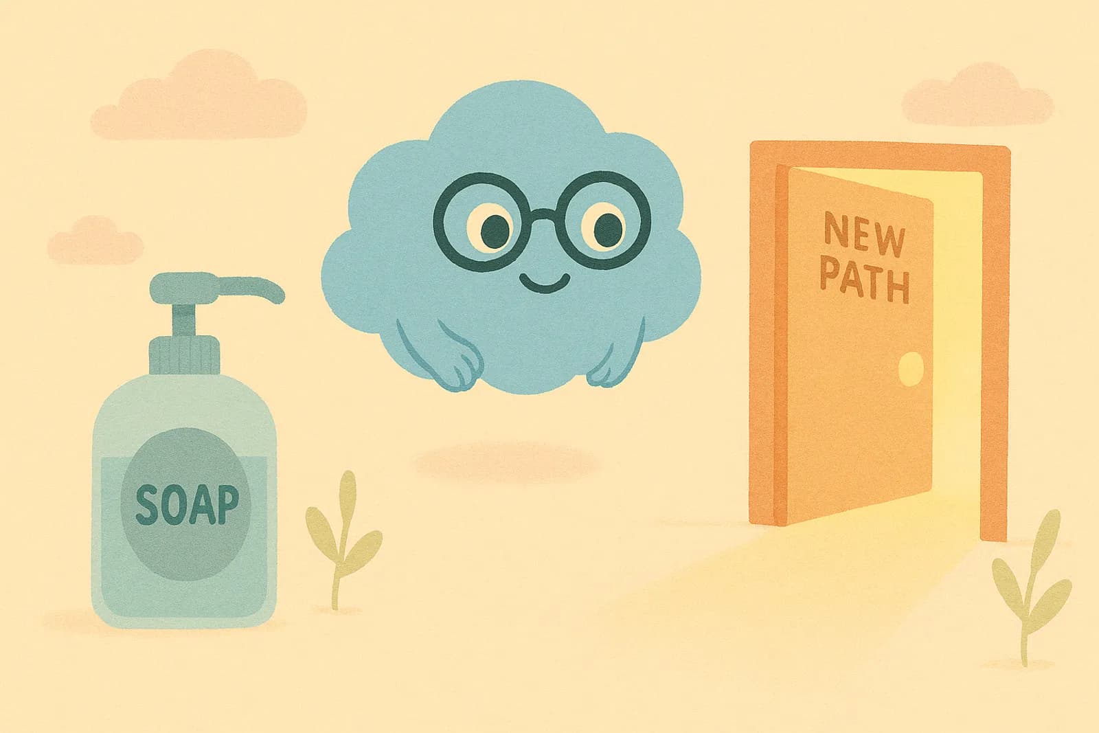 Choice, our OCD cloud mascot, floats between a soap dispenser (representing old compulsions) and a bright open doorway labeled "New Path" (representing modern OCD treatment).
