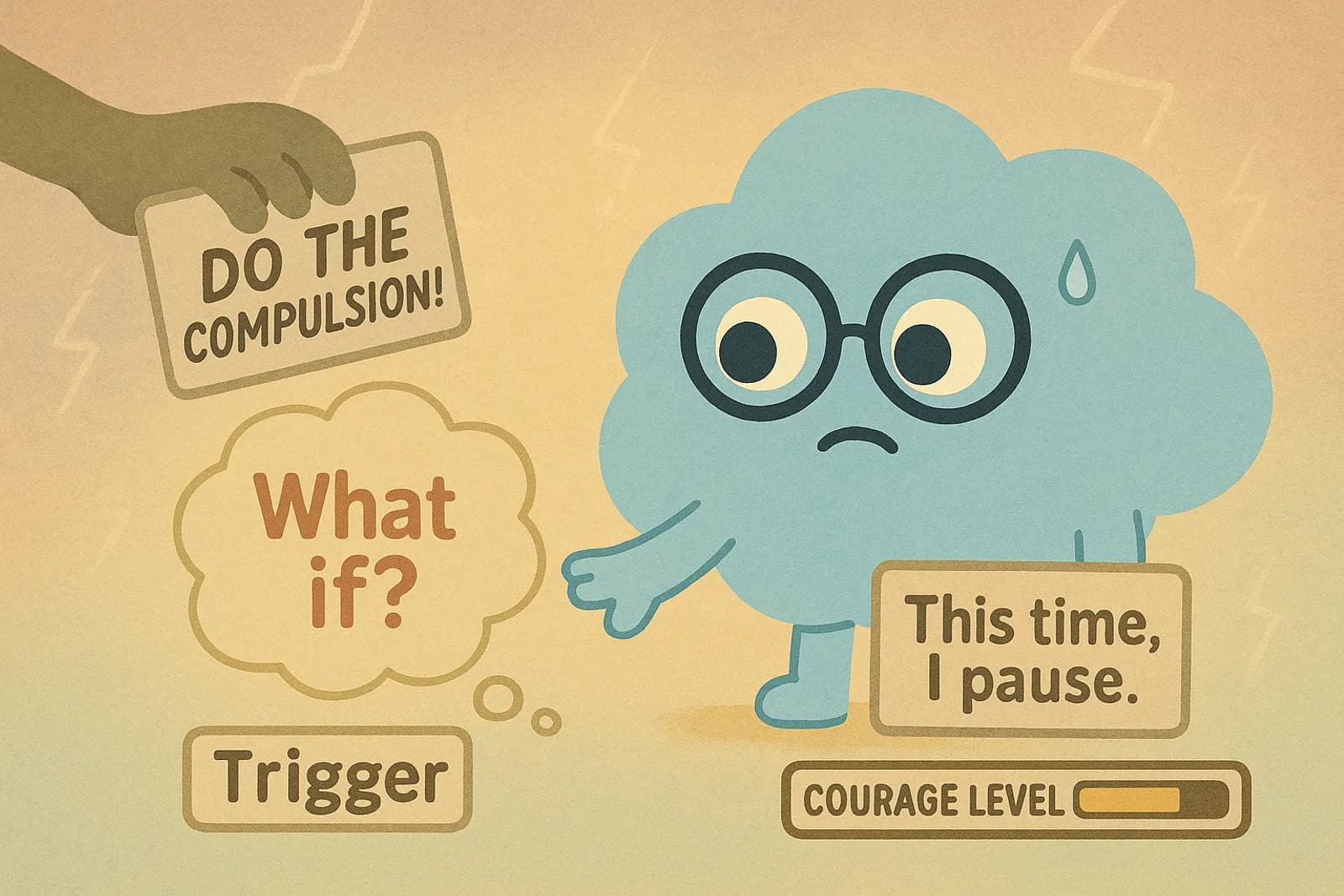 Choice, our OCD cloud mascot is gently extending a paw/hand/limb toward a small object labeled “Trigger," and beside it is a ghostly hand reaching in with a sign that says “Do the compulsion!” — but Choice is clearly resisting, with a small sign near it that says “This time, I pause.”