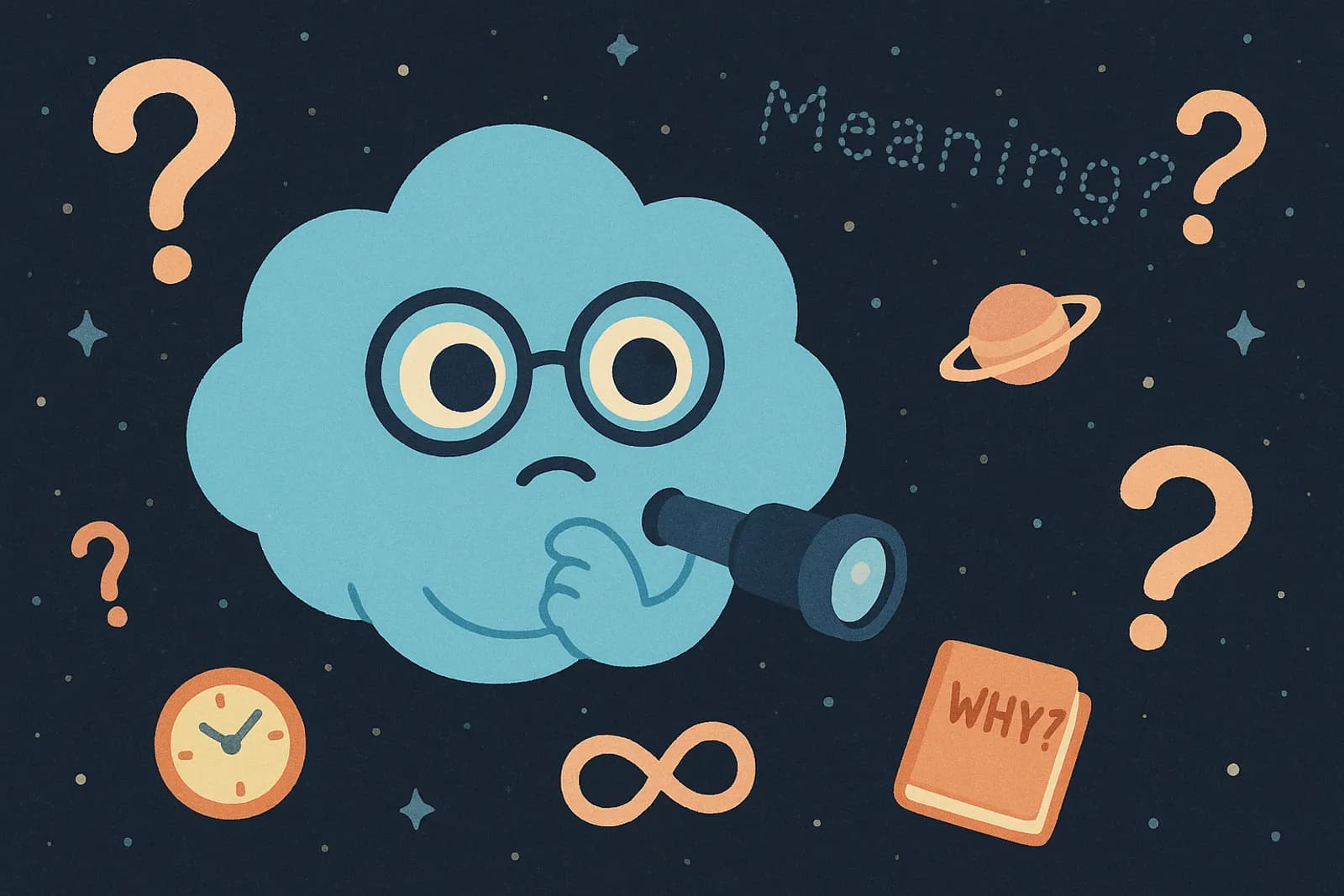 Choice, the cloud mascot is floating thoughtfully in a vast, starry space backdrop, surrounded by swirling question marks, tiny planets, and a book labeled “Why?” Choice has a pensive expression, one hand resting under its chin like it's overthinking, the other holding a telescope pointed inward toward its own head or chest — a metaphor for inward-looking OCD obsession.