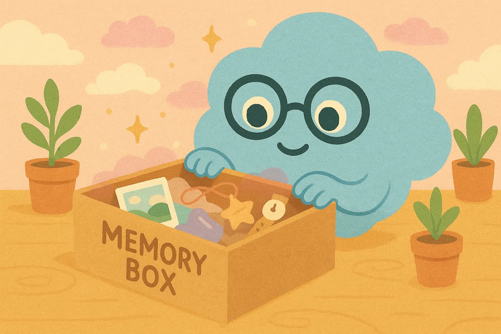 Choice, our OCD cloud mascot, looking at a memory box with mixed items to depict false memory OCD.