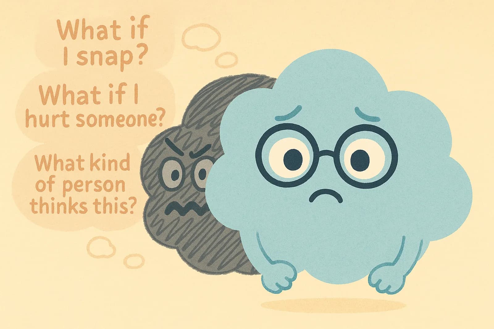 Choice (the cloud mascot) stands calmly, but behind or beside it is a dark shadow version — not evil-looking, but clearly distorted and anxious, with sharp features or scribbled lines, representing harm OCD.