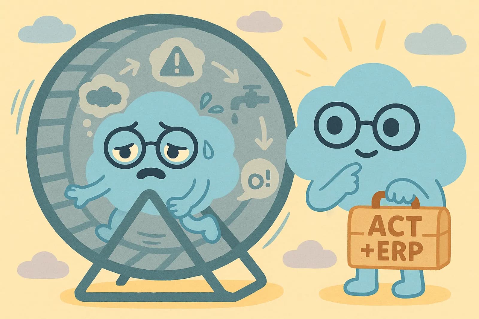 Choice, our cloud mascot is inside a large hamster wheel, looking mentally exhausted — sweat drop, frazzled eyes, while outside the wheel: a version of the same cloud mascot stepping out with a thoughtful, calm expression, holding a toolkit labeled “ACT + ERP.