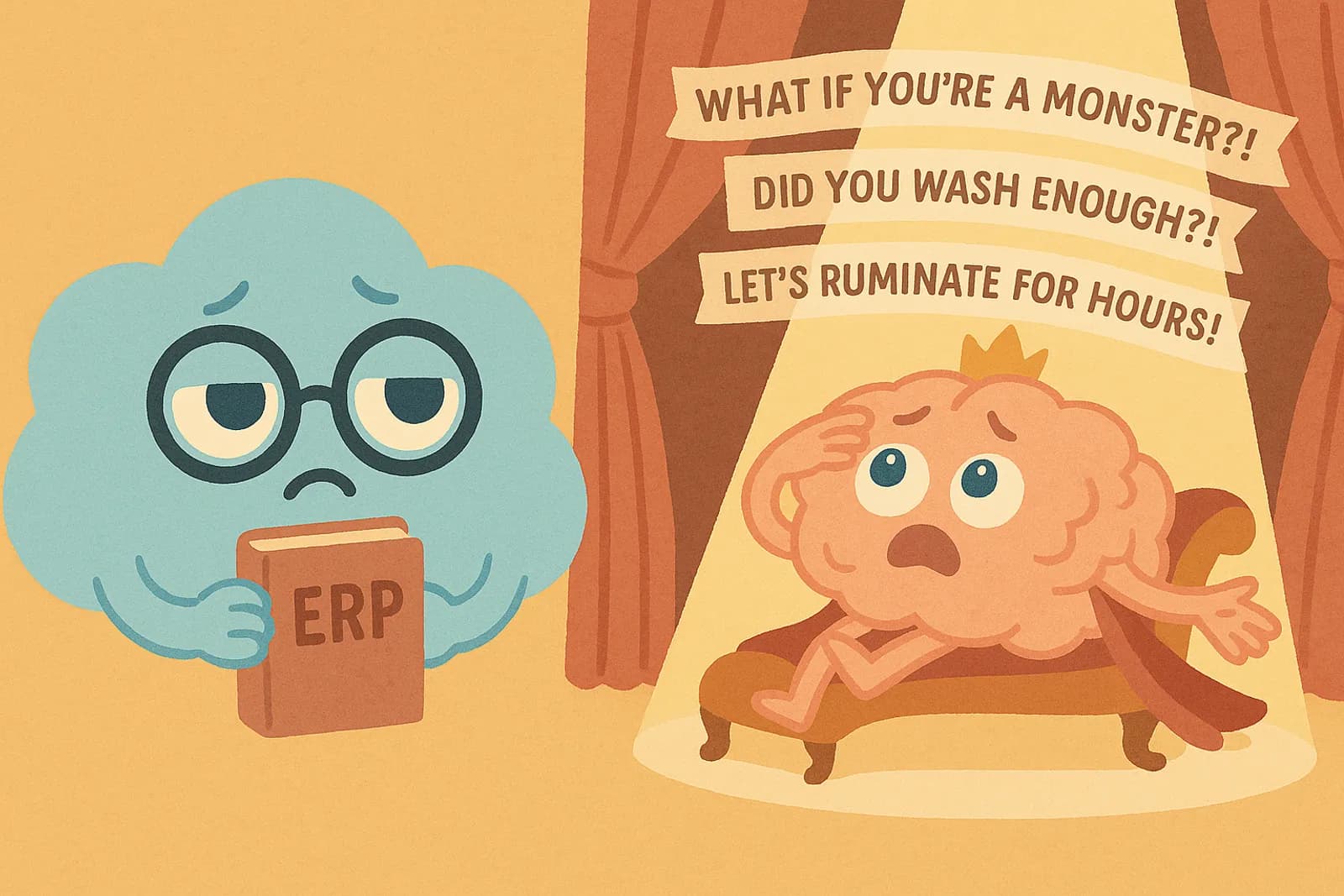 Choice, our cloud mascot is looking exasperated but calm, holding a book labeled “ERP” (symbolizing grounded coping) while on the right side is a giant cartoonish brain wearing a tiara and cape, fainting dramatically (representing the “drama queen” OCD intrusive thoughts).