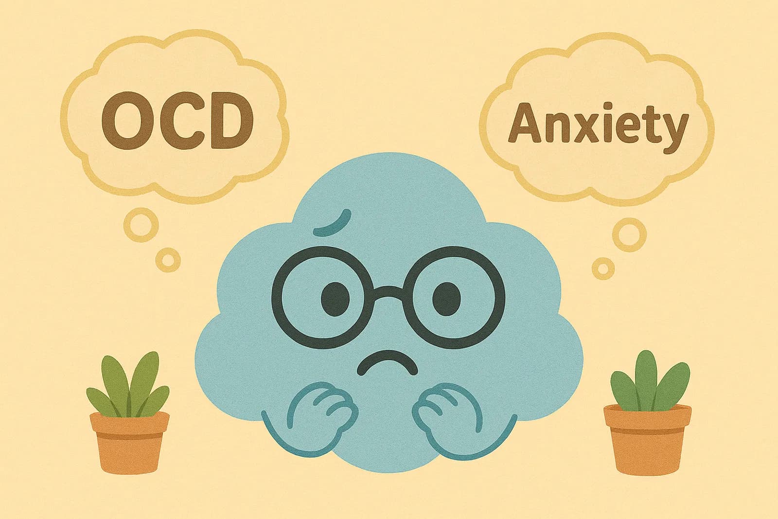 Choice, our cloud mascot, with two thought bubbles labeled OCD and anxiety.