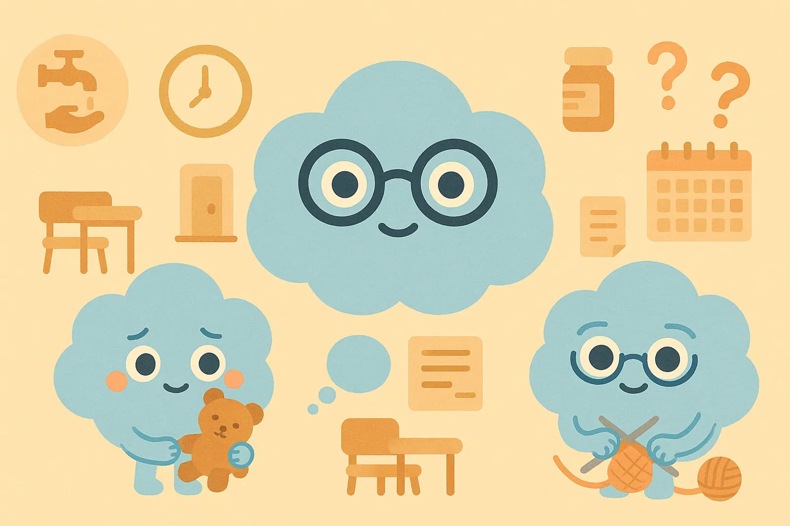 Choice, our cloud mascot, replicated three times, each one representing a different stage of life, surrounding each are different and symbolic OCD-related images.