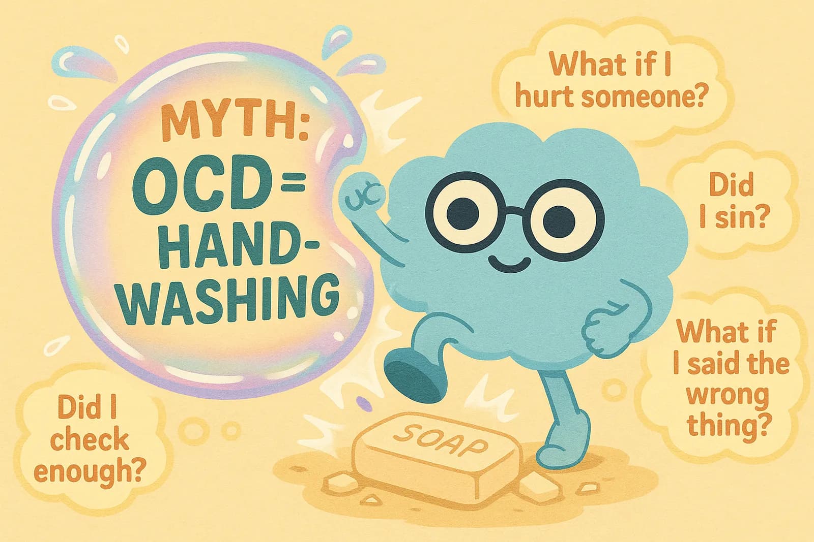 Choice, our cloud mascot, is punching through or stepping out of a giant soap bubble labeled “MYTH: OCD = Hand-Washing” — symbolizing busting the cliché.