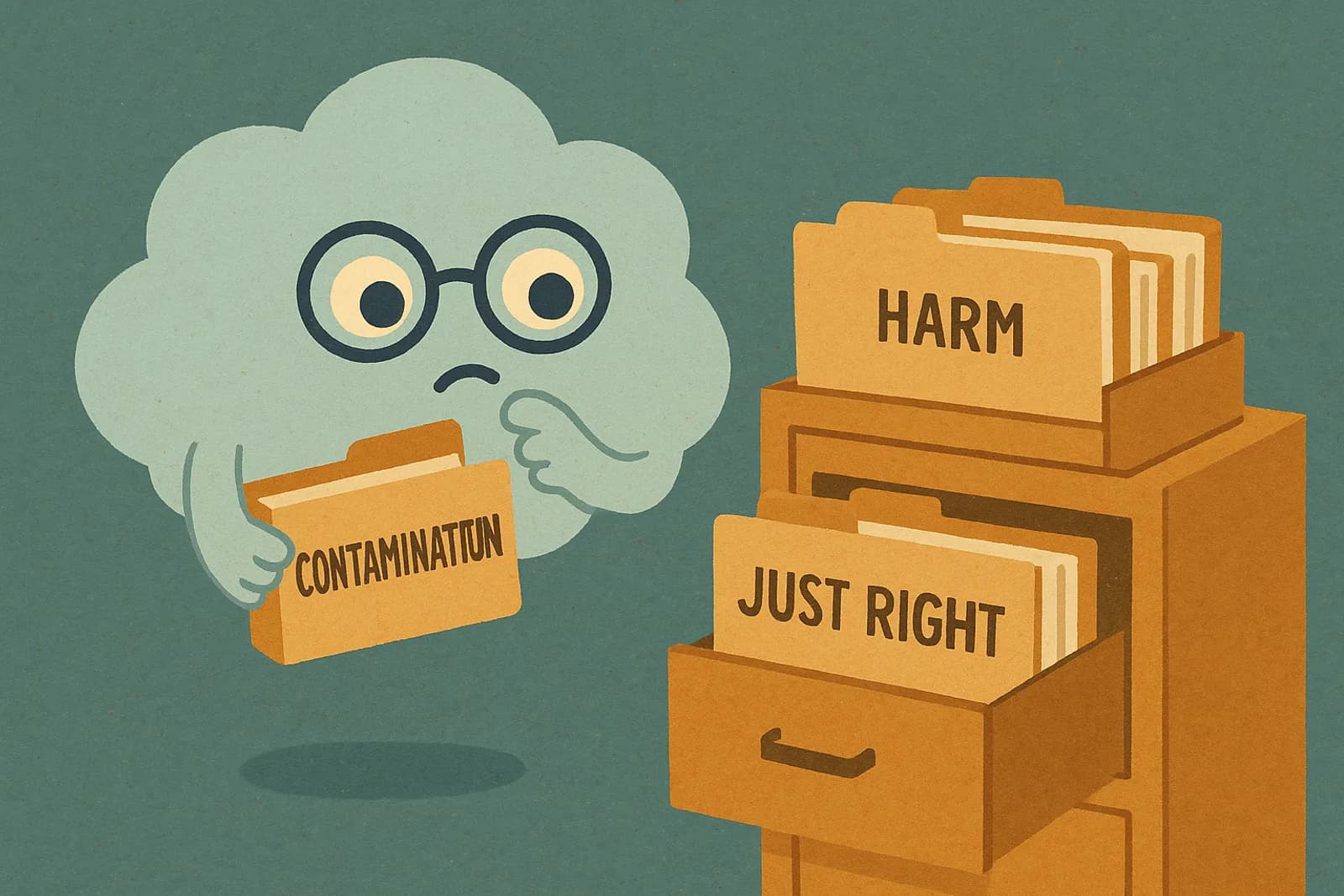 Choice, our cloud mascot, browsing through a drawer containing OCD subtypes.