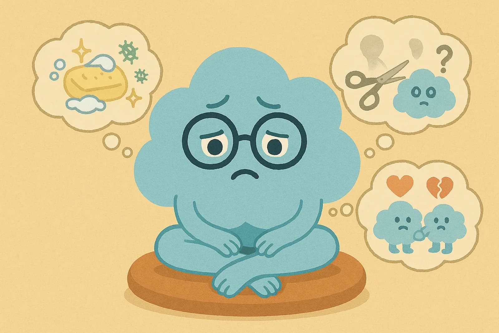 The cloud mascot - Choice - is looking calm but slightly overwhelmed, with three thought bubbles around its head, each styled differently to reflect a common OCD theme.