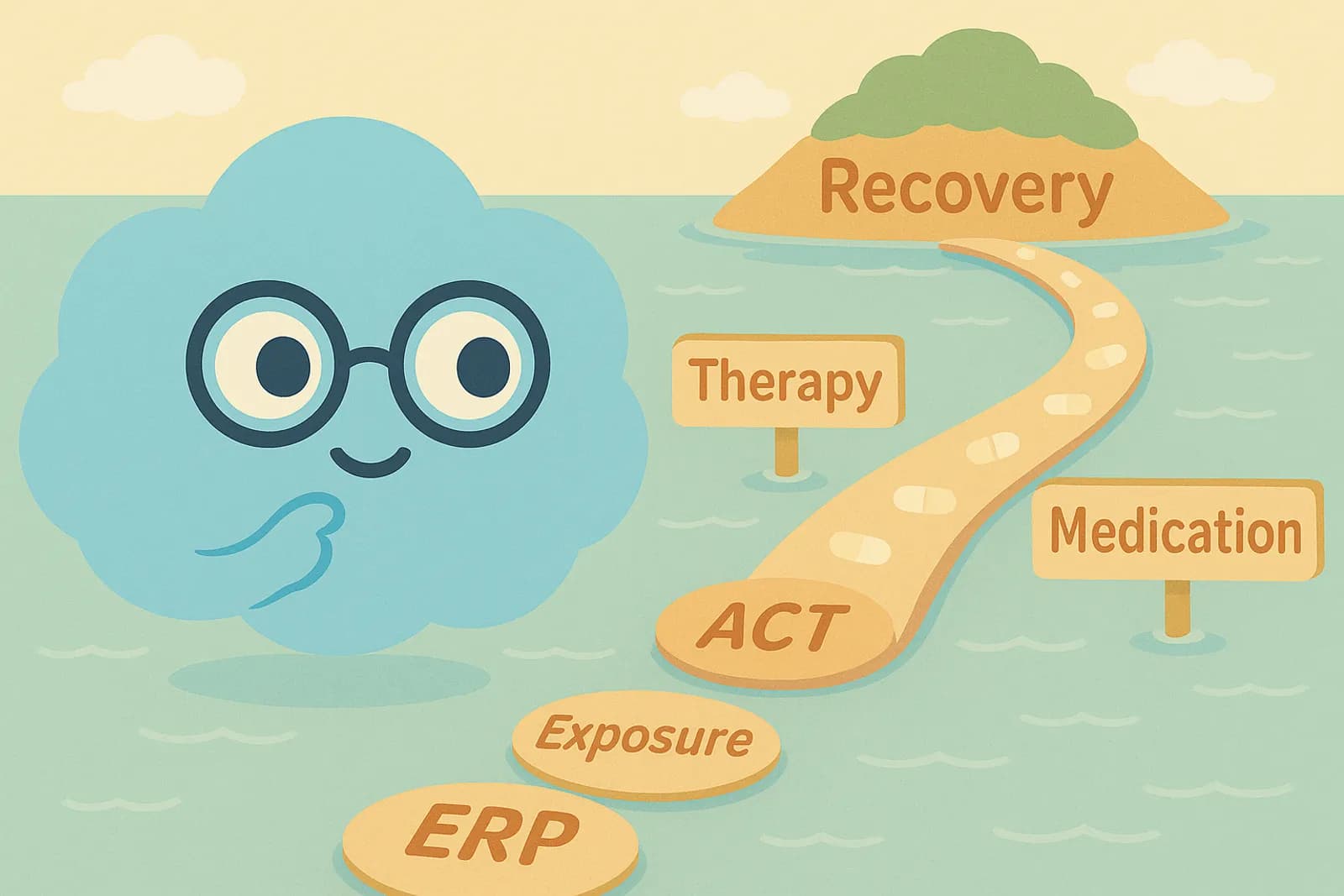 Choice stands at the edge of a calm body of water, facing a peaceful island labeled “Recovery," where two bridges stretch toward the island: one labeled “Therapy” — winding, with a few stepping stones representing ERP, ACT, exposure, etc, and another labeled “Medication” — smooth but with small pill icons as stepping stones, representing the recovery journey from OCD.