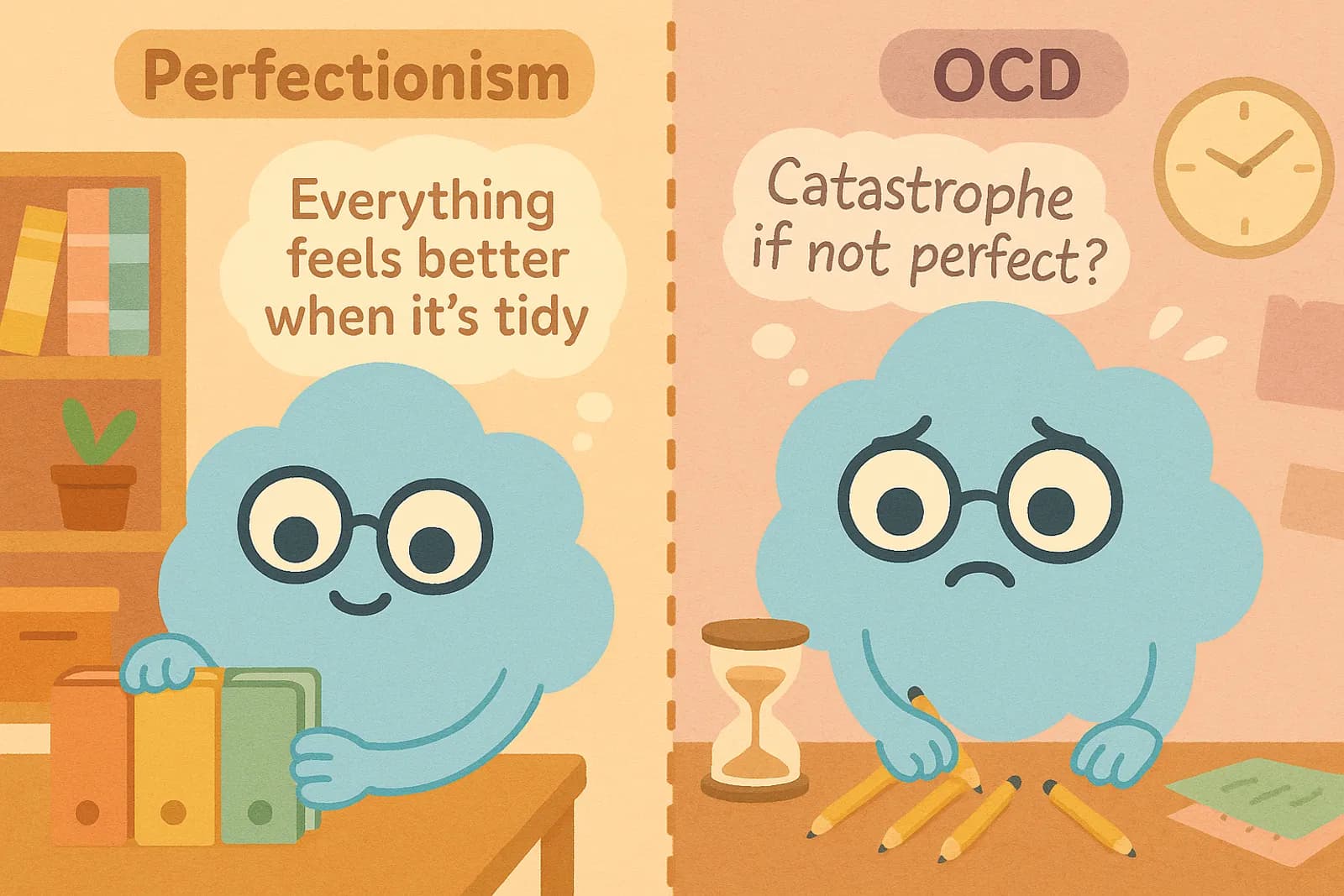Choice, our OCD cloud mascot, looking overwhelmed and slightly distressed with a thought bubble, “Catastrophe if not perfect?” The cloud mascot is calmly organizing color-coded folders or alphabetized books, smiling and proud. A thought bubble: “Everything feels better when it’s tidy.”