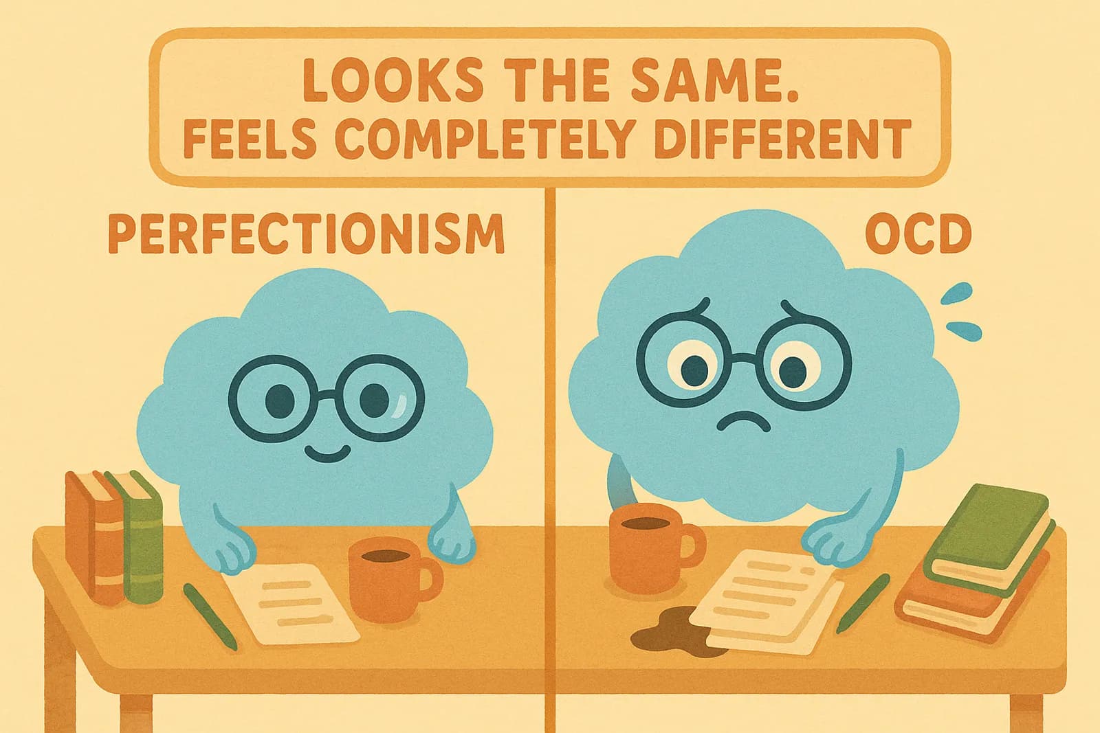 Choice, our cloud mascot, sits at a split desk, divided cleanly down the middle: On the left, the desk is tidy, organized, with a calm expression on Choice’s face — labeled “Perfectionism”. On the right, the desk is nearly identical but Choice looks stressed, sweating, or overwhelmed, nervously adjusting things over and over — labeled “OCD”. A small sign above both reads: “Looks the same. Feels completely different."
