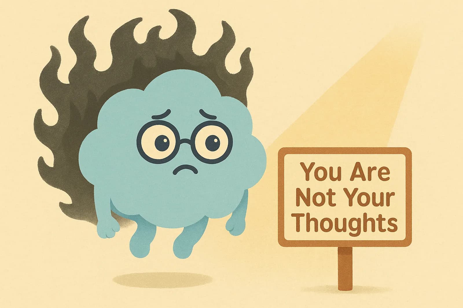 Choice (the cloud mascot) is floating in a calm pose with a slight look of unease. Behind Choice is a looming shadow — to represent the intense fear and shame that POCD creates.