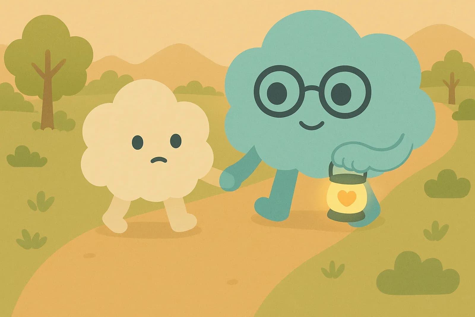 Choice, our cloud mascot, floats beside a smaller cloud, walking with it along a path, representing supporting a loved one with OCD.