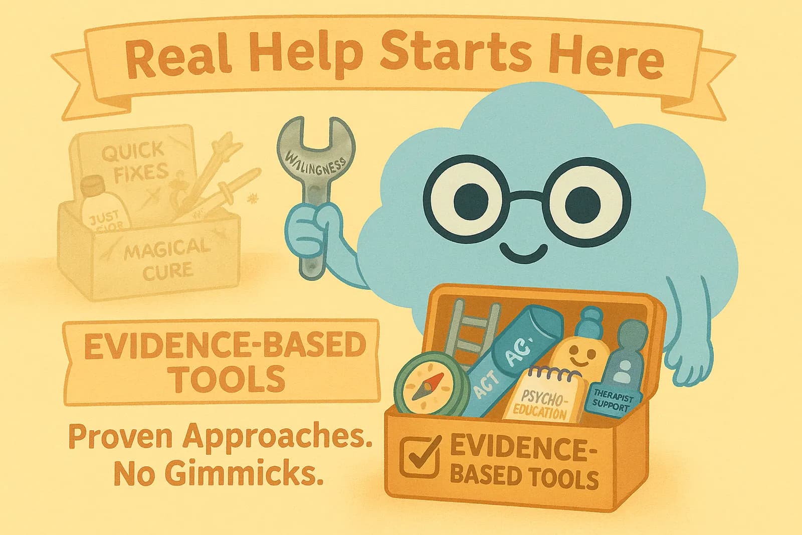 Choice, our OCD cloud mascot is floating in front of a toolbox labeled: “Evidence-Based Tools," holding up a wrench labeled “Willingness."