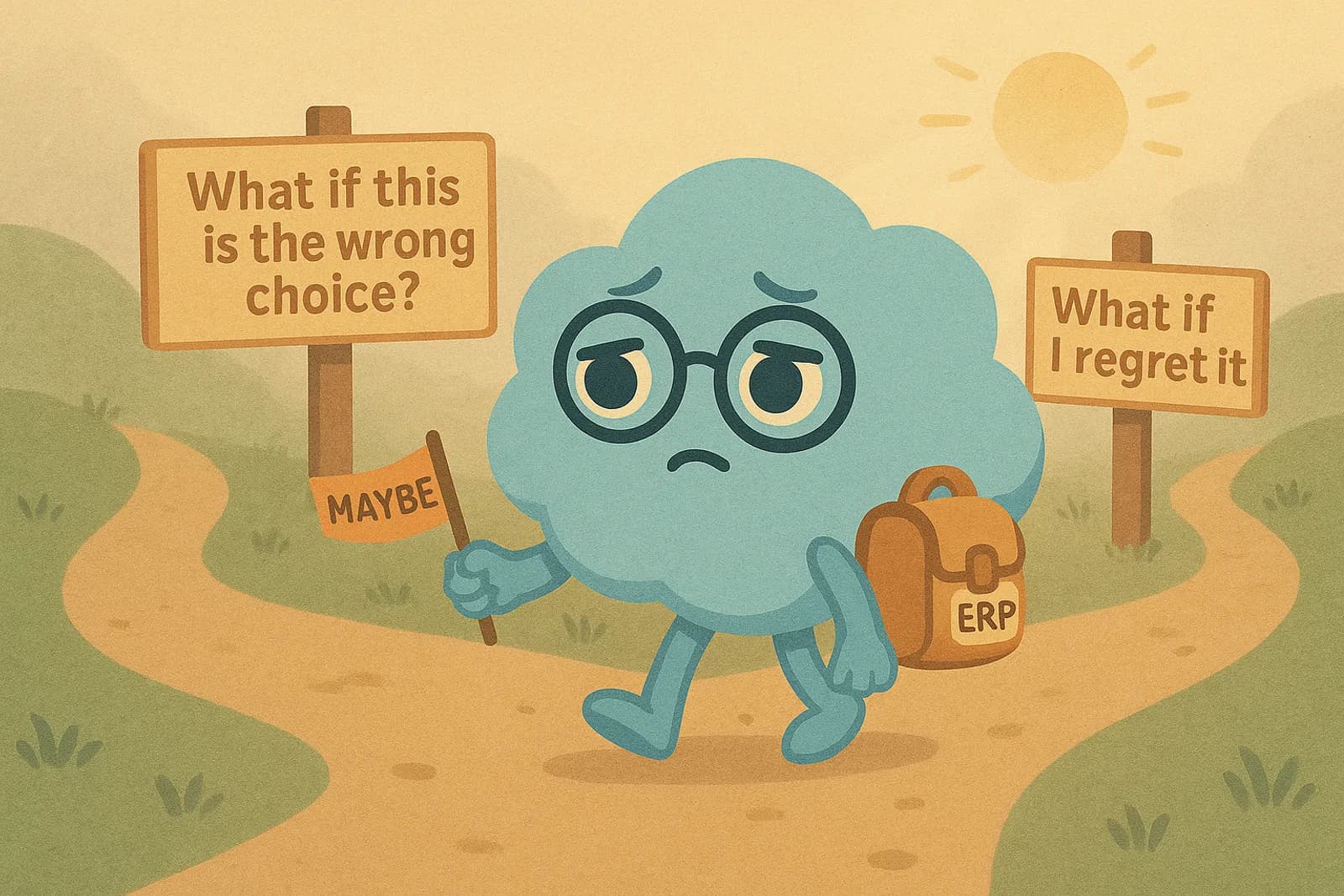Choice, our cloud mascot, is standing at a fork in the road, where both paths are shrouded in light fog— symbolizing uncertainty where one path has a signpost labeled “What if this is the wrong choice?” and the other says “What if I regret it?” The cloud mascot is walking forward anyway, holding a small flag labeled “Maybe” and wearing a tiny backpack with a tag that says “ERP.”