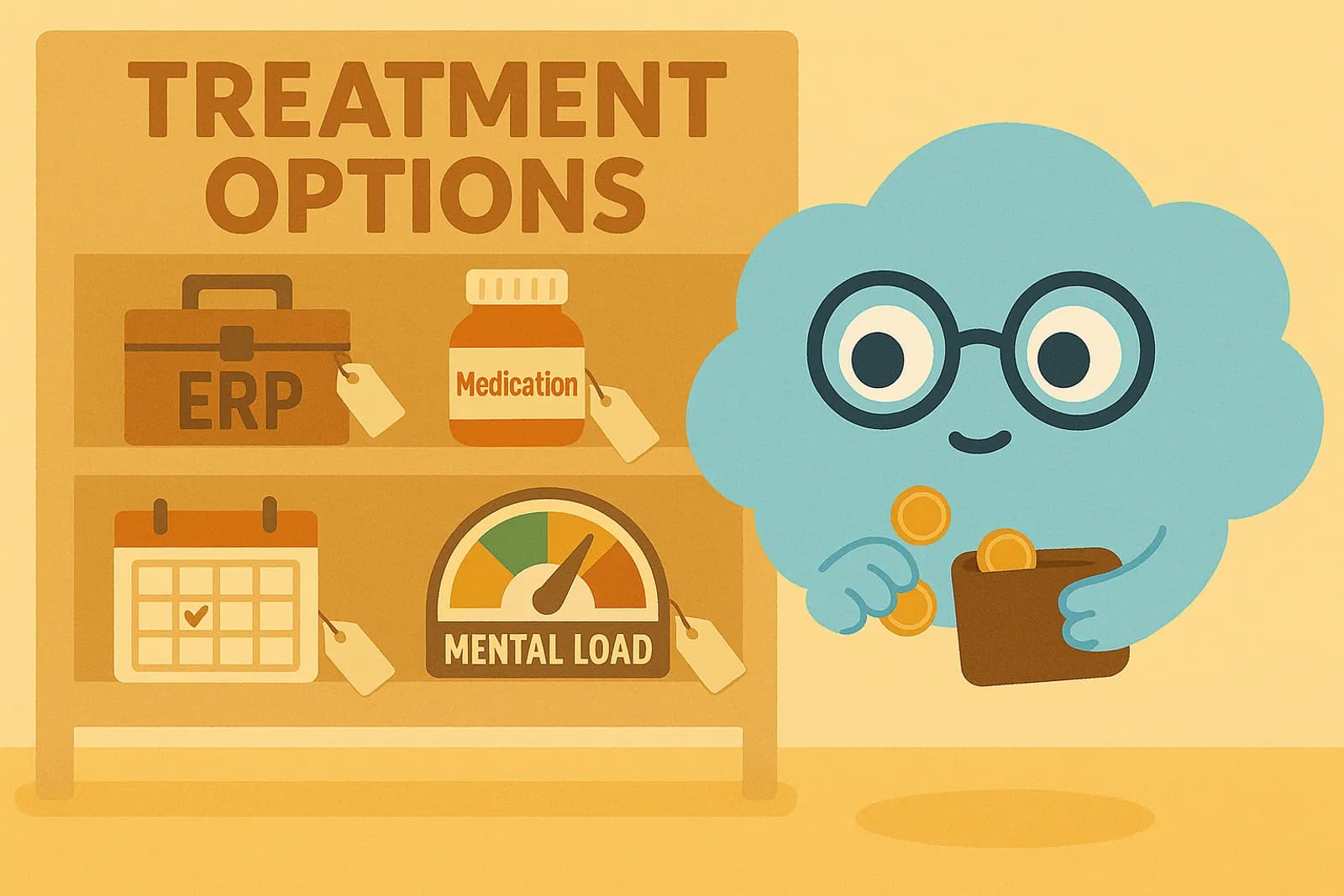 Choice, the cloud mascot stands in front of a shop-style display with various OCD "treatment options" on symbolic shelves and Choice is counting its coins.
