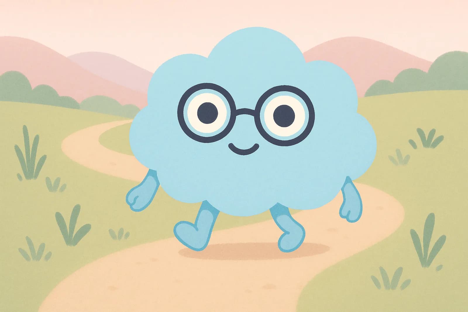 Choice, our cloud mascot, is walking or floating along a winding dirt trail representing the recovery timeline of OCD.