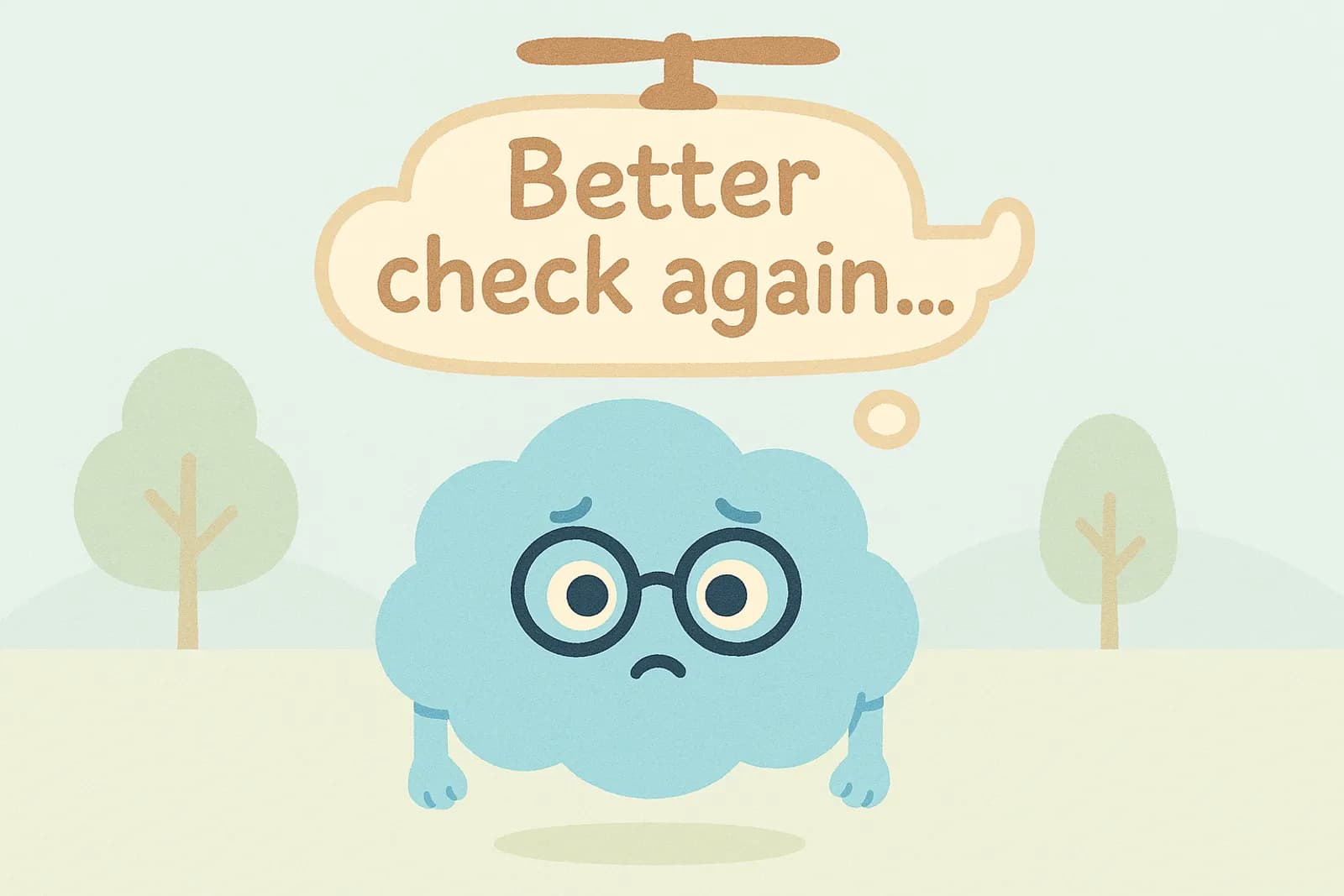 Choice, our cloud mascot, floats gently, but is being hovered over by a giant thought bubble shaped like a literal helicopter, symbolizing OCD compulsions.