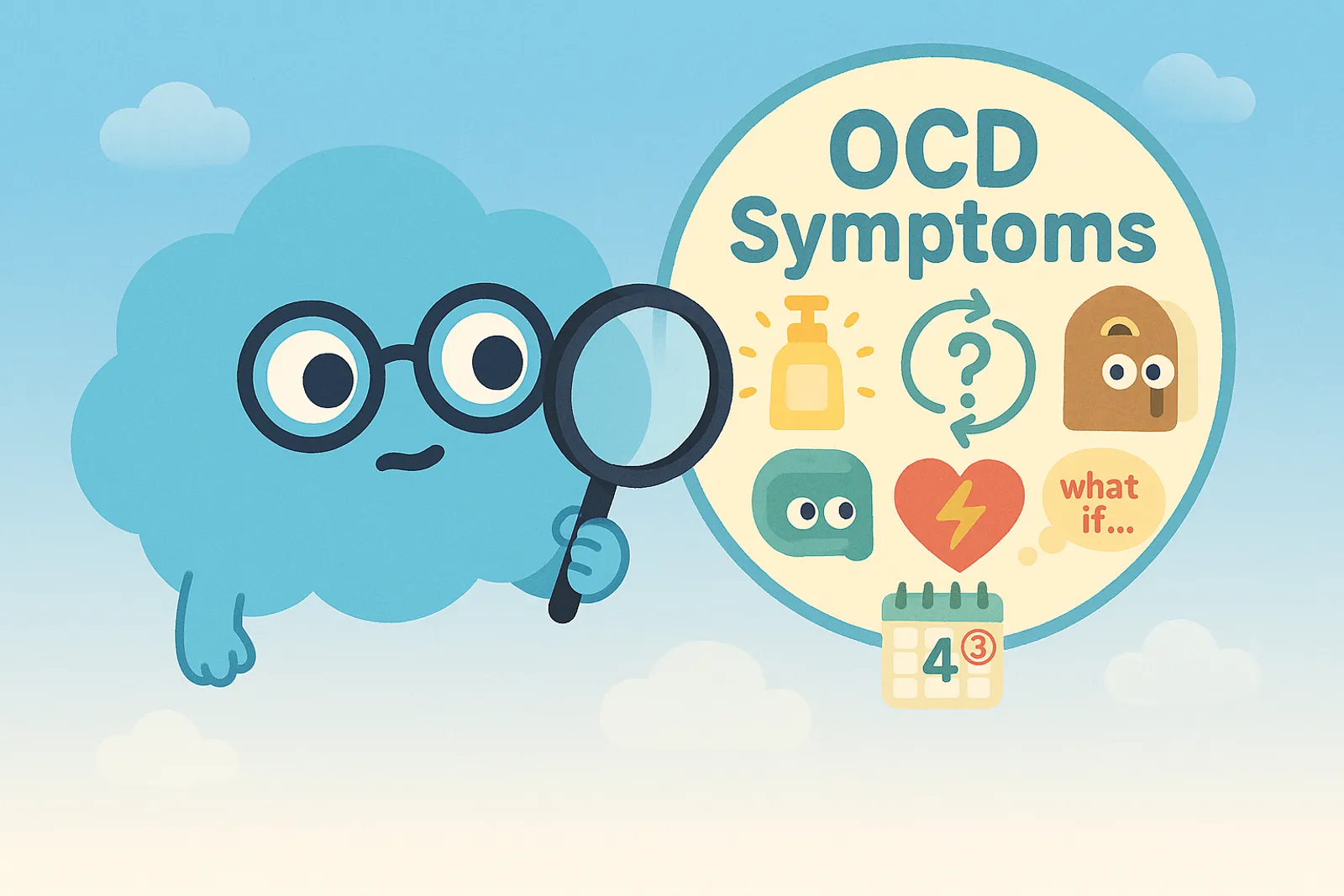 Choice, our OCD cloud mascot, is examining a large, floating bubble labeled “OCD Symptoms”. Inside the bubble are multiple smaller illustrated icons representing different OCD symptom subtypes.