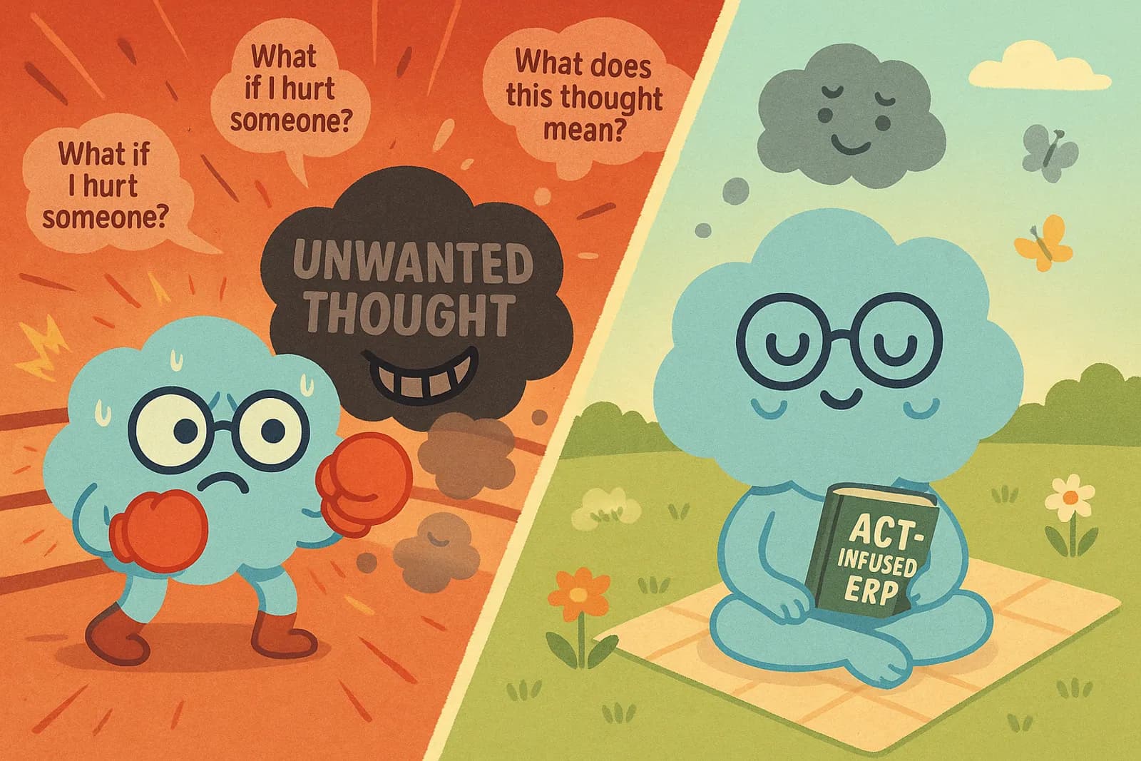Choice, our OCD cloud mascot is in a boxing ring, exhausted from trying to fight off a large, shadowy, cartoonish "Intrusive Thought Cloud" (labelled “Unwanted Thought”). Meanwhile, another Choice is calmly sitting on a picnic blanket, holding a sign or book titled “Willingness” or “ACT-infused ERP.”