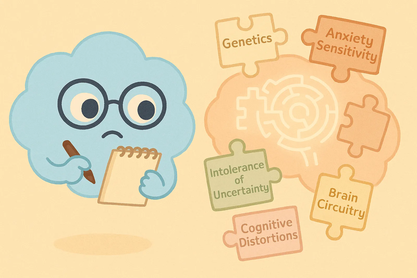 The cloud mascot holds a notepad and pen, as if trying to figure out how to “solve” or understand the brain maze, symbolizing the complexity of OCD’s causes.