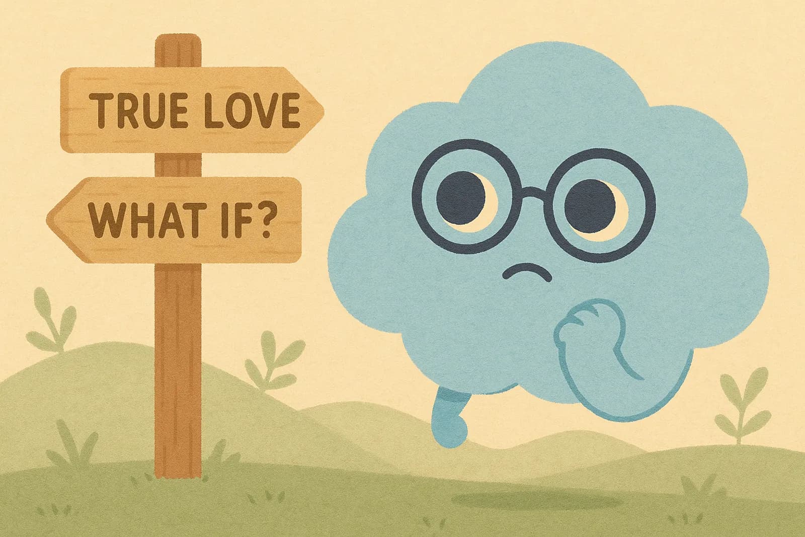 Choice, our OCD cloud mascot is floating by a signpost unsure where to go - showing indecision ROCD often brings.