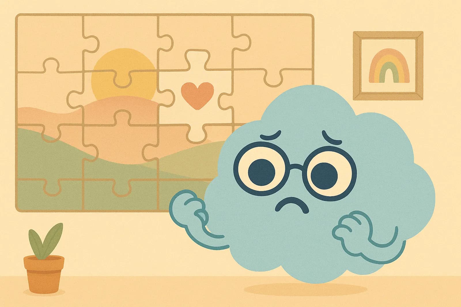 Choice, our cloud mascot, looks distressed while trying to assemble a puzzle with one piece slightly off, depicting "just right" OCD.