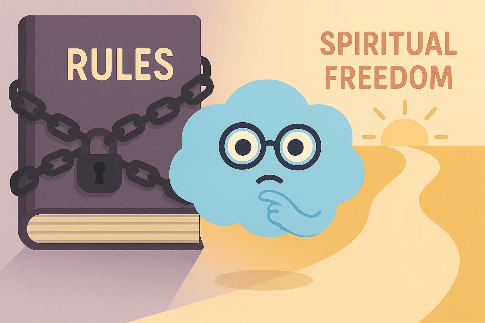 Choice, our OCD cloud mascot, floats in front of a giant heavy book labeled "Rules" and a bright open path leading toward a glowing horizon labeled "Spiritual Freedom" with a curious expression that reinforces non-judgmental awareness which is a key in ACT-based healing for religious scrupulosity.