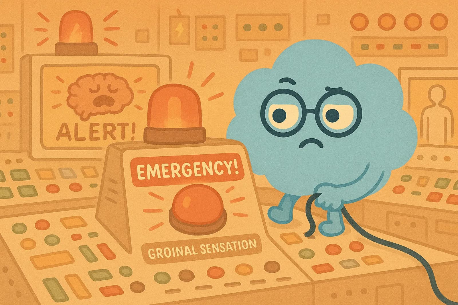 The cloud mascot, Choice, is seated in a comically large control room full of flashing buttons and alarm lights representing OCD's false alarms where a big red button labeled “Emergency!” is lighting up repeatedly with a small label under it: “Groinal Sensation”. Choice looks puzzled and slightly skeptical, tugging at a wire trying to disconnect the faulty system.