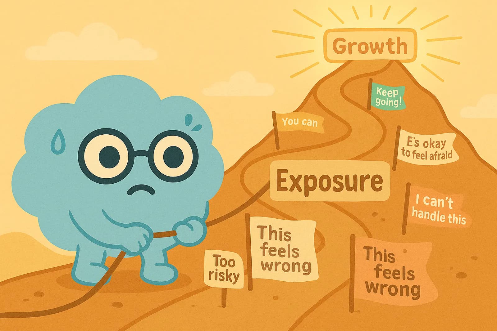 Choice, our cloud mascot stands at the base of a giant, steep mountain labeled “Exposure”, looking nervous but determined while along the mountain path are fear-themed signs.