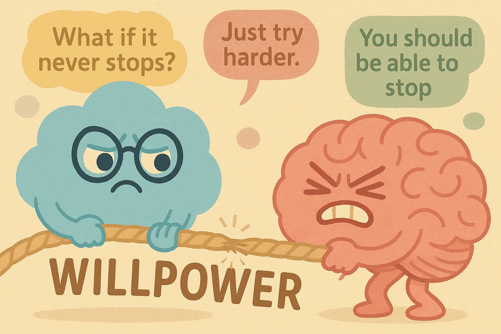 Choice, the cloud mascot is in the center, looking frustrated but determined, holding onto one side of a thick rope labeled “WILLPOWER”. On the other end of the rope is a giant brain with a strained, mechanical face, symbolizing the OCD brain pulling back forcefully.