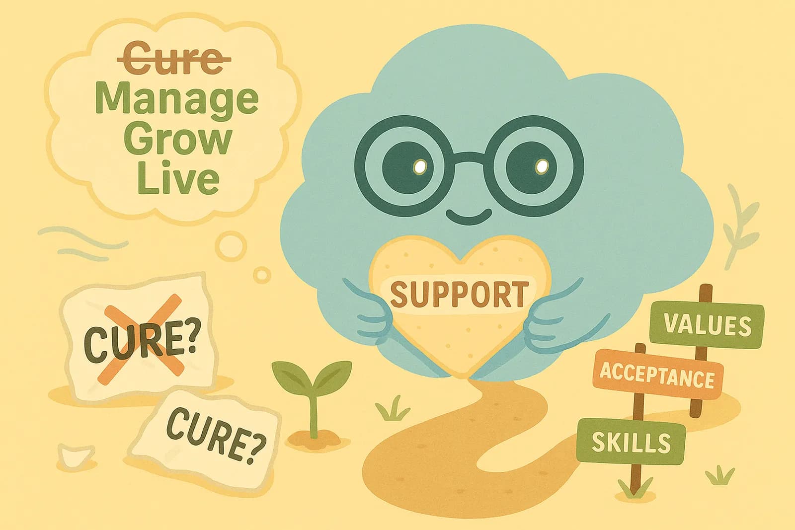 Choice, our cloud mascot is gently holding a heart-shaped bandage labeled “Support” with a warm, calm expression where to its left is a crumpled paper “Cure?” with a red X over it — not harsh or angry, just symbolic of the misconception of OCD cure.