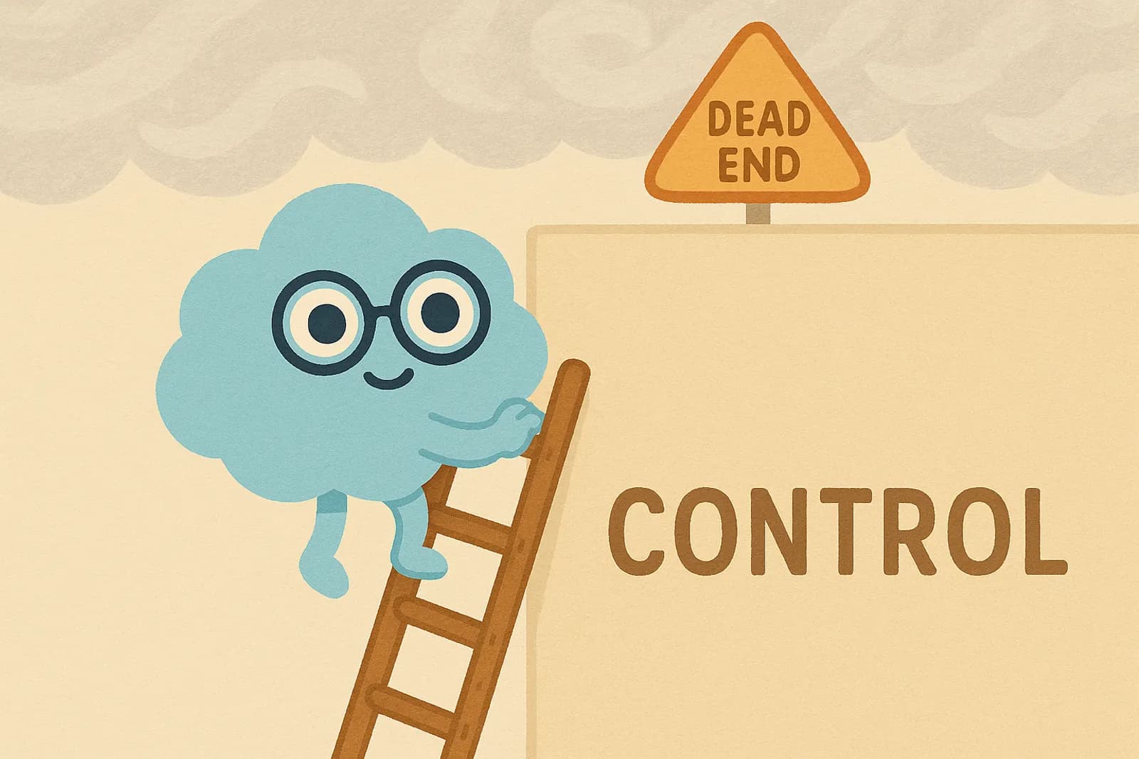 Choice is halfway up a rickety wooden ladder leaning against a blank wall labeled “Control.". At the top: nothing but fog or a “dead end” sign — representing the futility of reassurance, avoidance, and control-based strategies in OCD treatment.