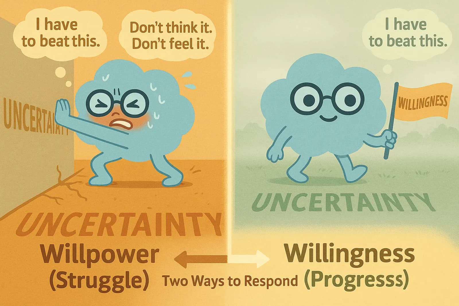 On the left, Choice, our OCD cloud mascot is pushing against a giant wall labeled “Uncertainty”, red-faced, sweating, visibly straining, while on the right, another Choice is gently walking through a misty field labeled “Uncertainty”, holding a flag labeled “Willingness.”